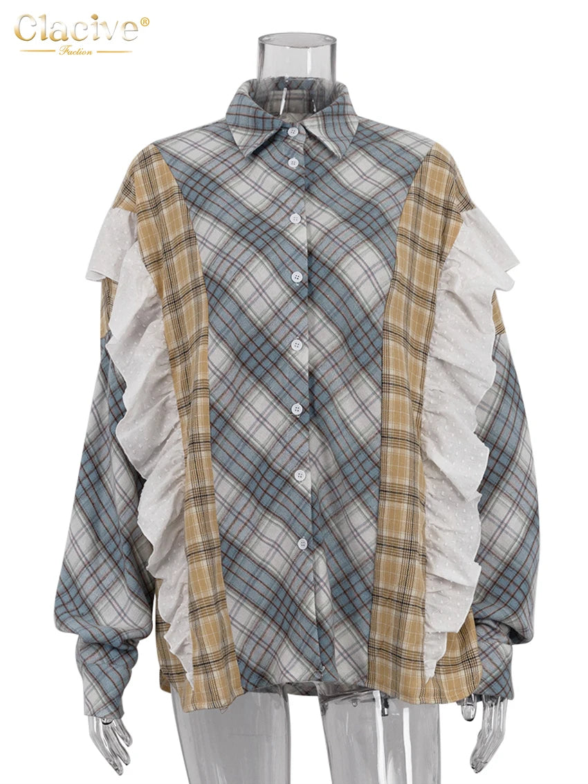Clacive Fashion Loose Plaid Women's Shirt 2024 Vintage Lapel Long Sleeve Blouses Elegant Classic Ruffle Tops Female Clothing