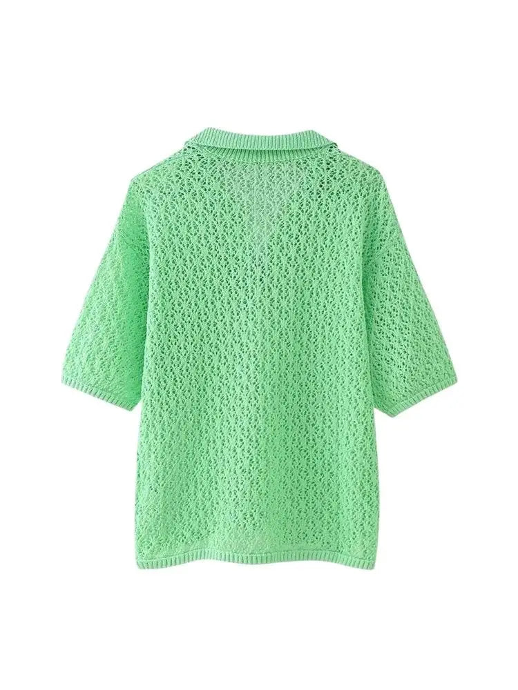 TRZA Women Fashion Pointelle Knit Loose Sweater Polo Collar Short Sleeve Female Pullovers Chic Tops