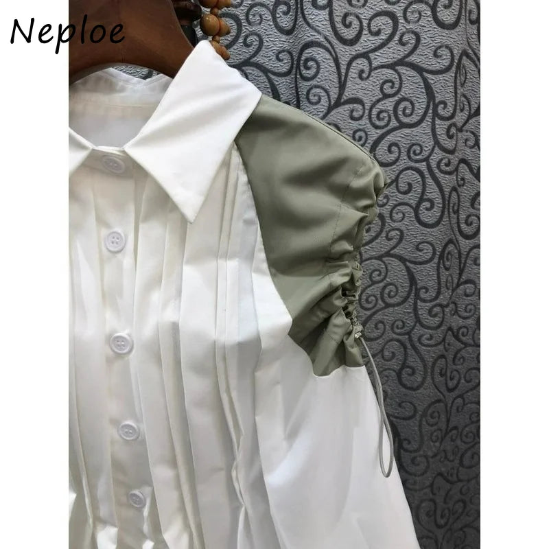 Neploe Turn Down Collar Single-breasted Blouse Pleated Drawstring Patchwork Shirts Korean 2025 Fashion Loose Casual Blusas