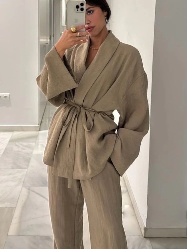 TRAF 2024 Fashion Women's Pants Suit Solid Khaki Drawstring Long Sleeve Cardgian Blouse+ Elastic Waist Wide Leg Pants Streetwear