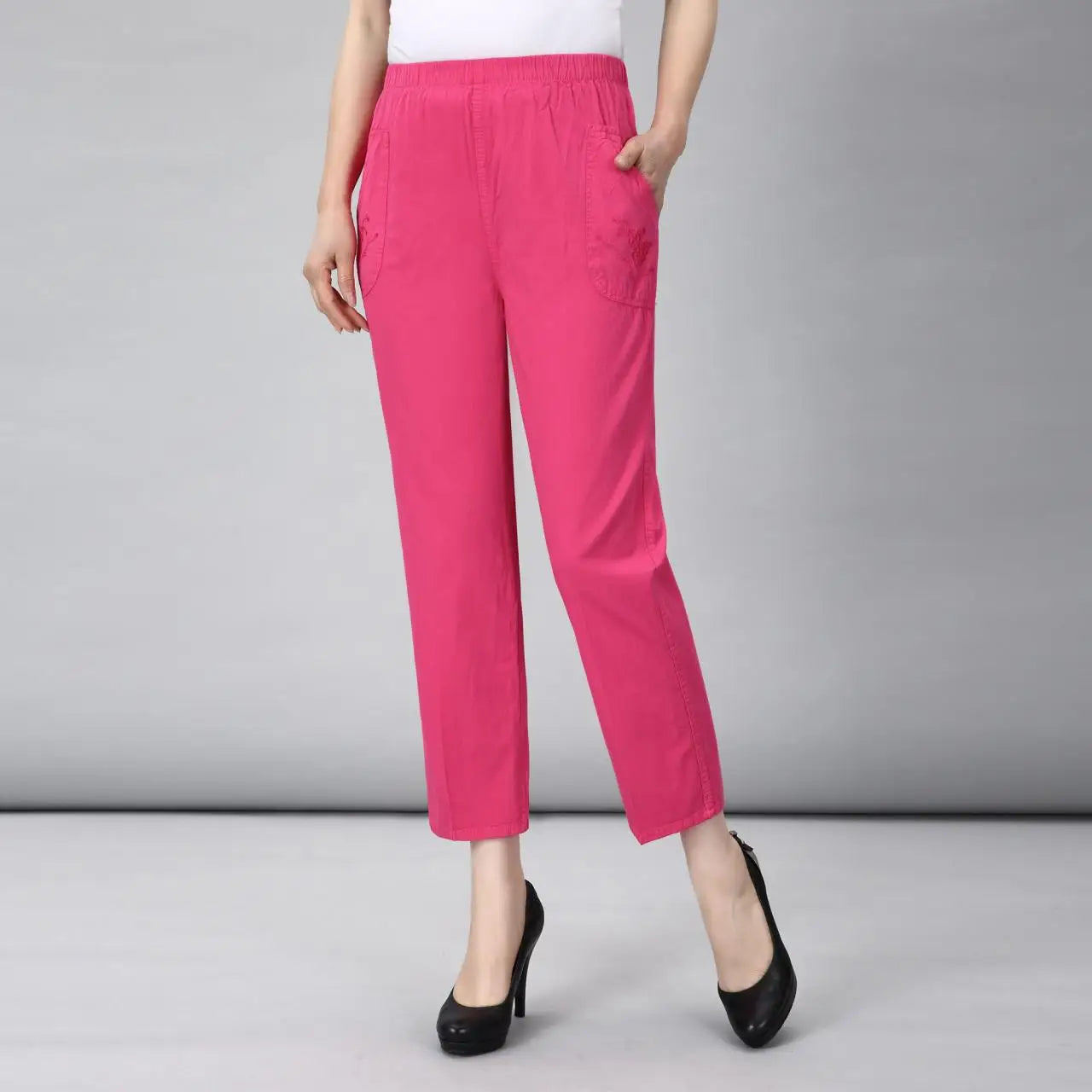 Spring Summer Casual embroidery Cotton Pants Women's Korean Thin Harem Pants Elastic Waist Middle-aged Female Linen Trousers