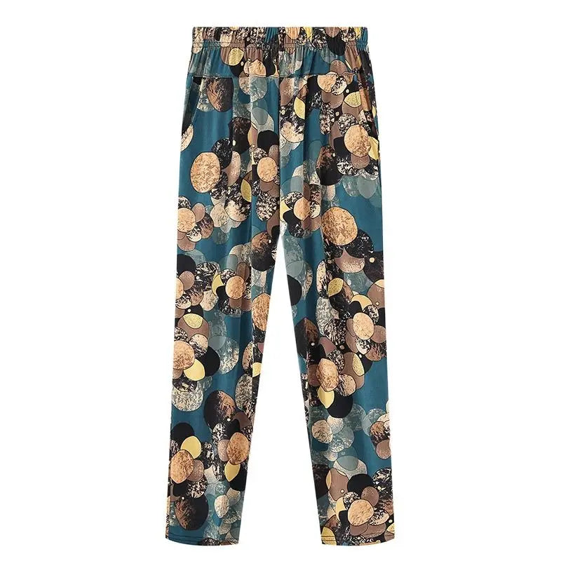 Summer Women's Printed Pants 2023 New Elastic High Waist Thin Ice Silk Pants Loose Large Size Women's Casual Ninth Pants 7XL 8XL