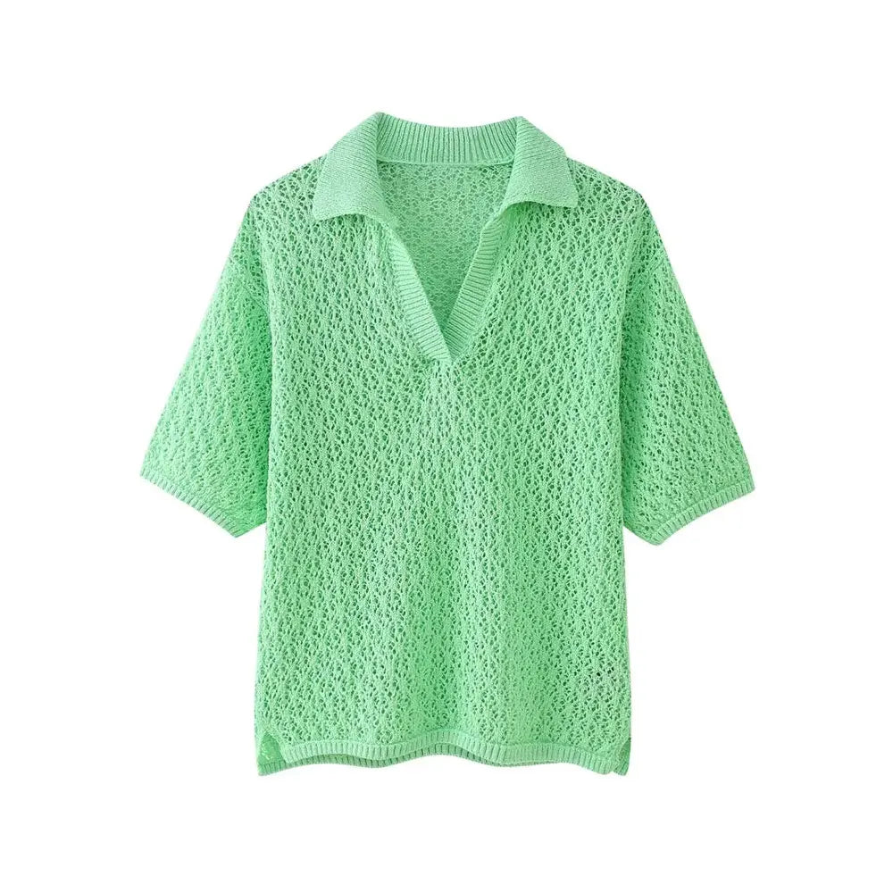 TRZA Women Fashion Pointelle Knit Loose Sweater Polo Collar Short Sleeve Female Pullovers Chic Tops