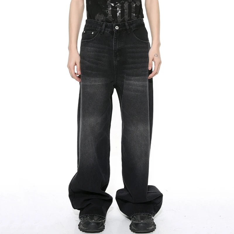 IEFB Worn Out Male Jeans Vintage Gradient Color Men's Wide  Leg Pants High Street Pockets Men Denim Straight Trousers New 9C4510