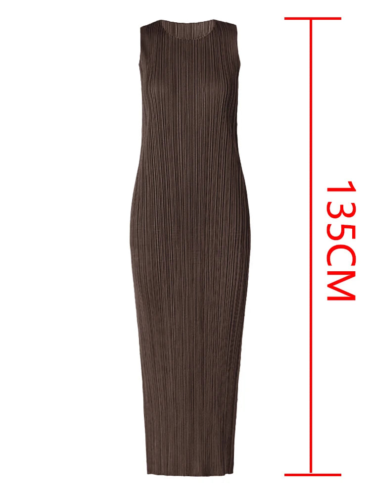 Miyake Pleated Women Dress Summer Sleeveless Long Classic Korean Fashion Casual Elegant Female Lce Water Blue Beach Dress TP5045