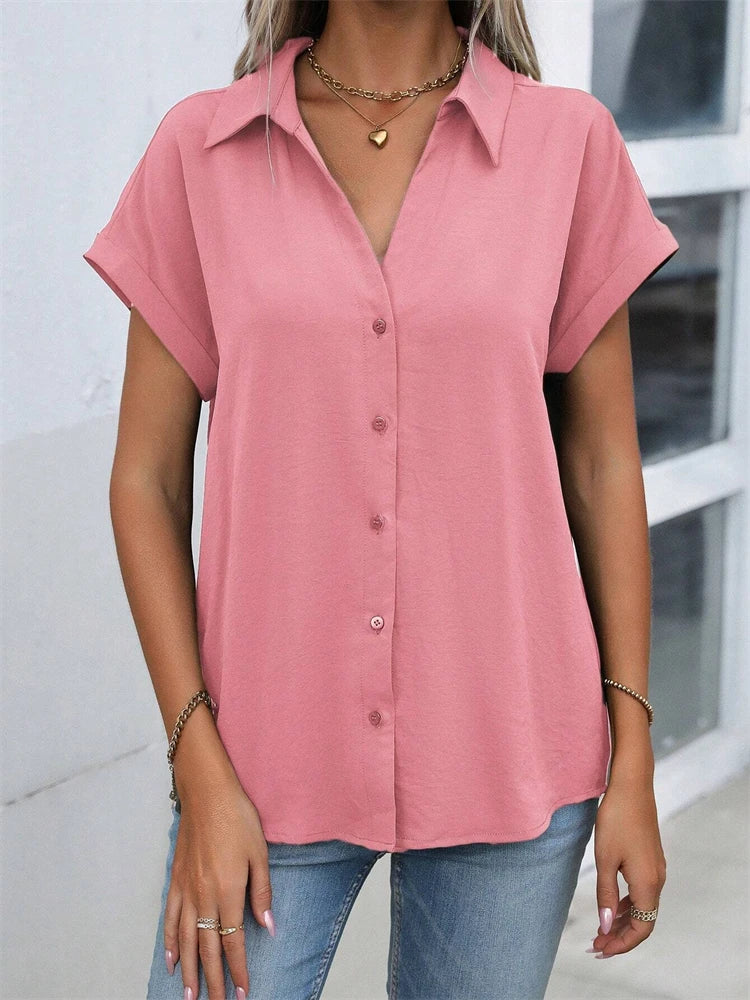 2025 Spring And Autumn New Solid Color Short-sleeved Shirt Fashion Loose Temperament Shirt Folding Blouse Ms. Home Rest Shirt