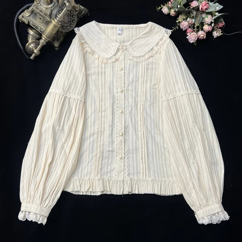 Sweet Lolita Blouses Women Cute Lace Bow Shirts Kawai Peter Pan Collar Long Sleeve Blouse Girl Cotton Comfortable Lolita Clothes
