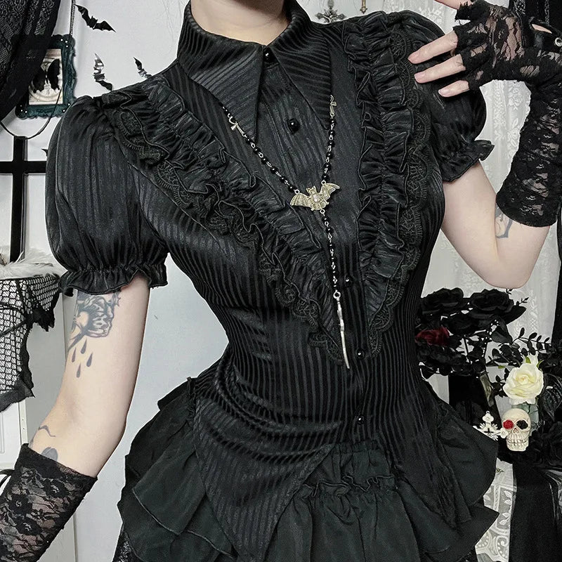 Goth Dark Kawaii Black Short Sleeve Buttons Shirt Lace-up Blouses Mall Gothic Slim Lapel Collar Stripe Shirts Women Alt Techwear