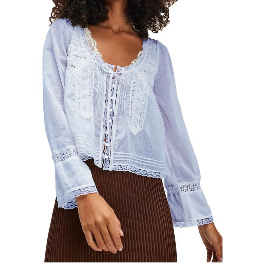 Combhasaki Women's Y2K Fairy Long Sleeve Square Neck Shirts Lace Patchwork See-through Tie-up Front Button-down Blouse Crop Tops