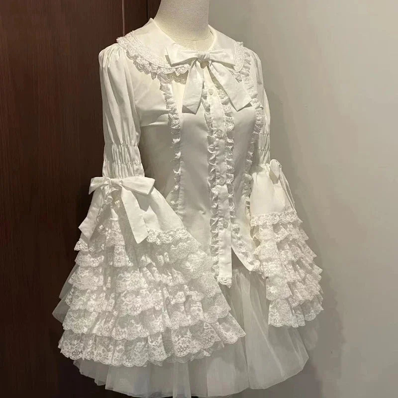 Japanese Y2k Vintage Lolita Shirts Women Korean Sweet Elegant Cute Tops Gothic Y2K Bow Lace Ruffle Flare Long Sleeve Blouse
