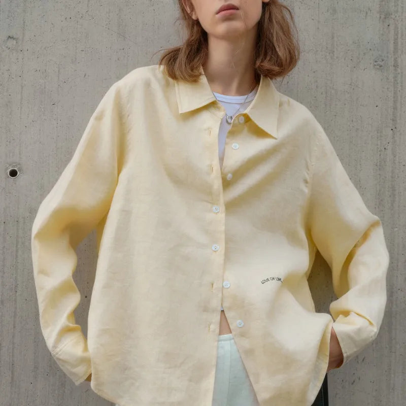 100% Linen Shirt Women 2025 Spring And Summer New Casual Lapel Sunscreen Cardigan Embroidery Long-Sleeved White Shirts