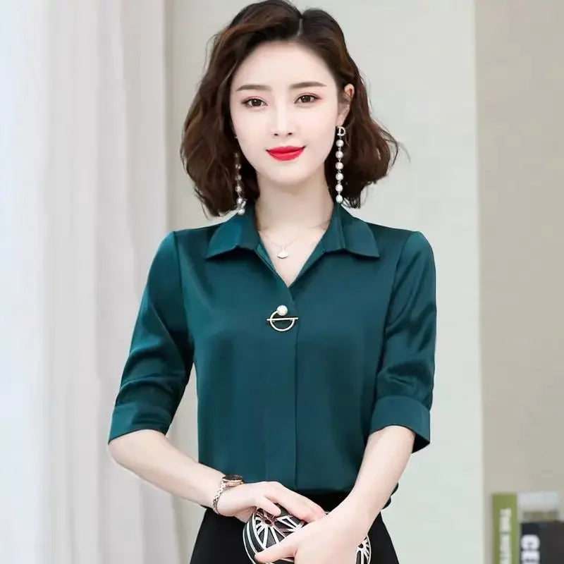 Temperament Mid Sleeved High End Professional Chiffon Shirt for Women Spring Autumn New Long Sleeved Age Reducing Western Top