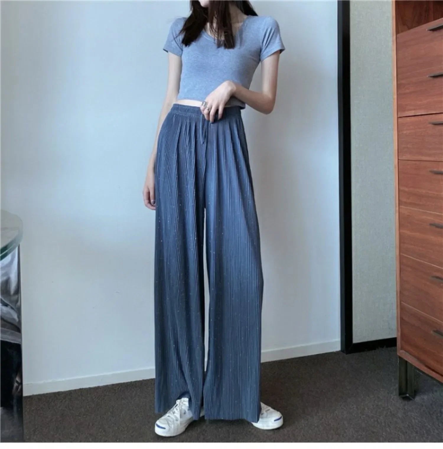 Sparkling Drap Pants 2022 Starry Sky Wide Leg Pants Diamond Trouser Casual Beach All-match Thin Pleated Culottes Breathable Soft
