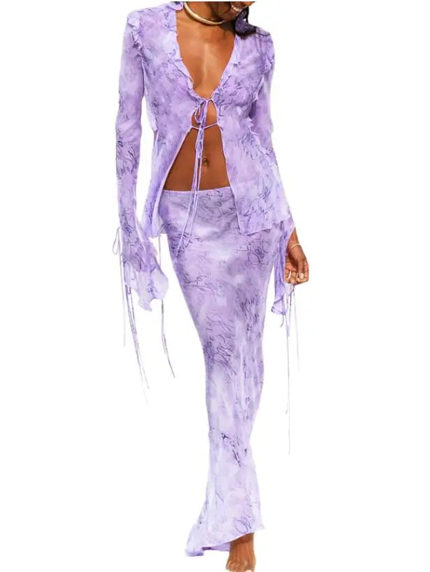 Women Chic Elegant Skirt Set Sexy Mesh Sheer Tie Front Flare Sleeve Tops and Long Skirt Suits Summer Fashion Two Piece Outfits
