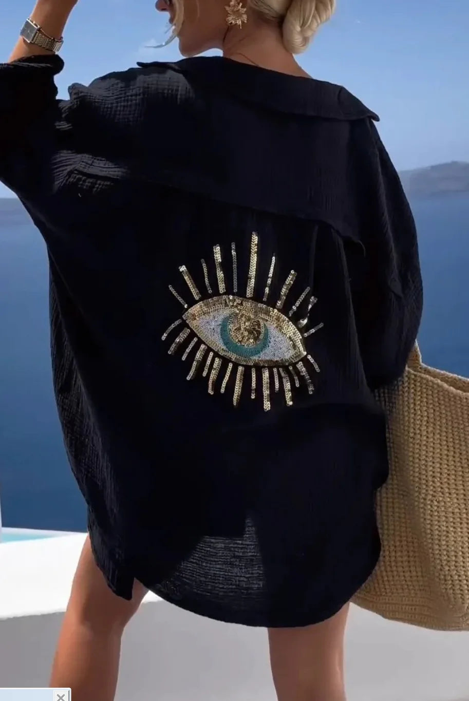 2025 Long Sleeve Loose Shirts Evil Eye Casual Sequin Beaded Shirt Spring Geometric Eye Top Turn-down Collar Button Long Blouse