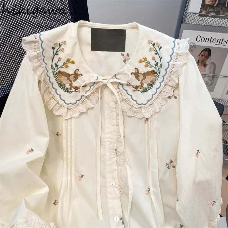 Rabbit Embroidery Peter Pan Collar Blouse Women Clothing Long Sleeve Floral Shirts 2025 Blusas Mujer De Moda Ruffles Sweet Tops