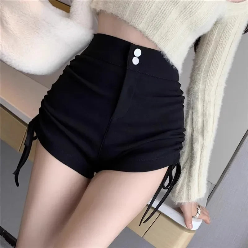 Women's Autumn/winter High-waisted Slimming Fleece-lined Petite Black Wide-leg Pants Sexy Spicy Hot Pants Summer Shorts
