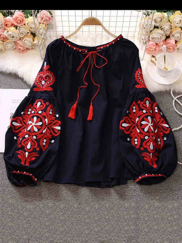 Women's Retro Blouse National Style Embroidered Lace-Up Tassel V-Neck Lantern Sleeve Tops Loose All-Match Female Blusa PL536