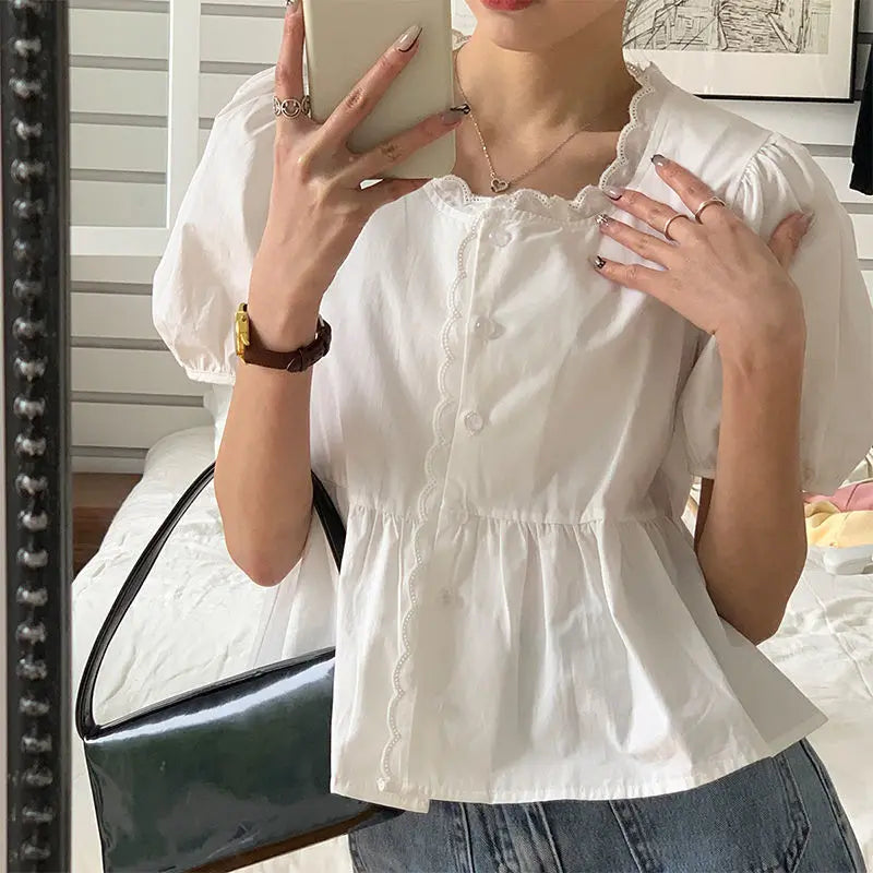Shirts Women Elegant Sweet Preppy Style Cute Summer Tops Short Puff Sleeve New Arrival Stylish Korean Camisas Mujer Vintage Pure