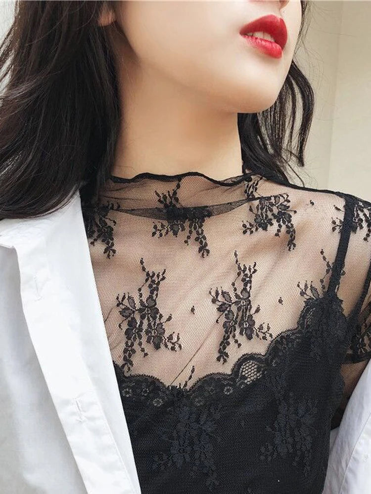 Women Thin See Through Lace Blouse Tops Sexy Lady Mesh Lace Patchwork Sunscreen Blouse Shirts LGHX-173