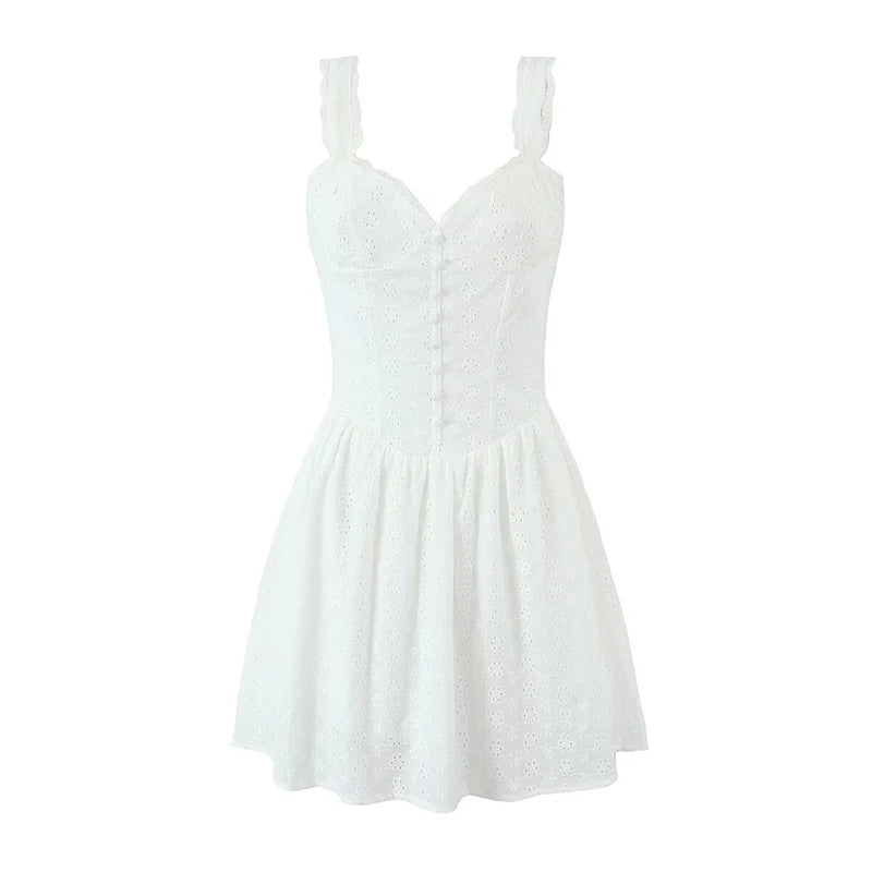 YENKYE Sexy Women Fashion Hollow Out Embroidery Sling White Dress Summer Sleeveless  Low Waist Female Party Mini Dresses