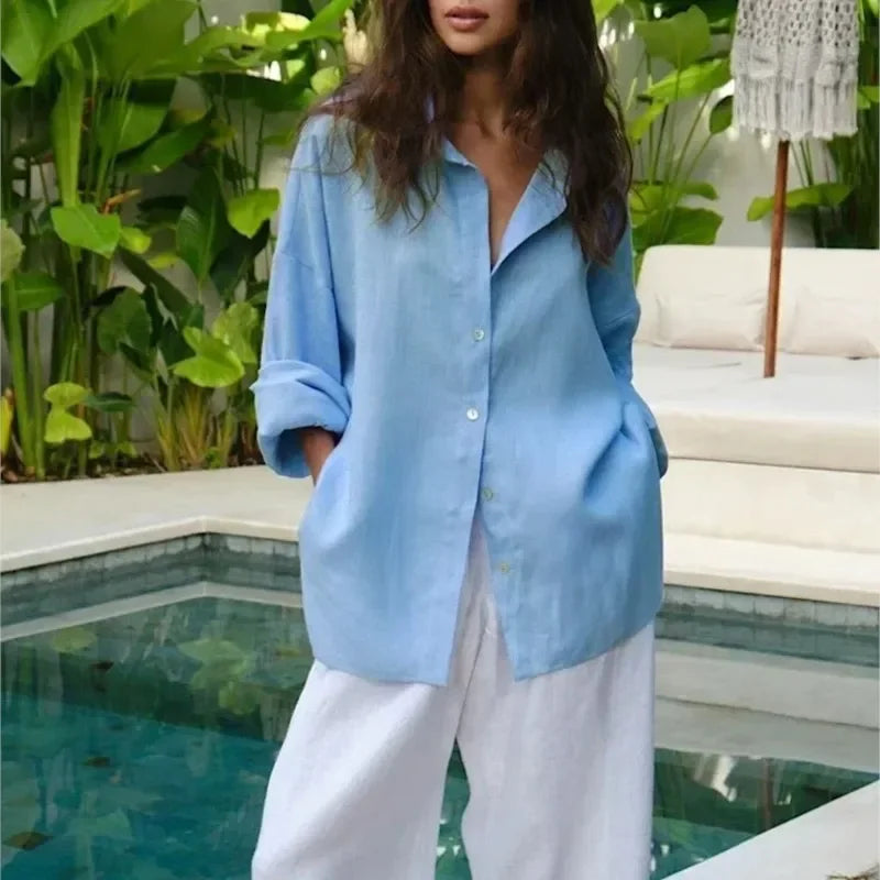 Women's Linen White Shirt Long Sleeve Elegant Pink Loose Fashion Blouse Summer Vintage Basic Top Collar Shirt for Women