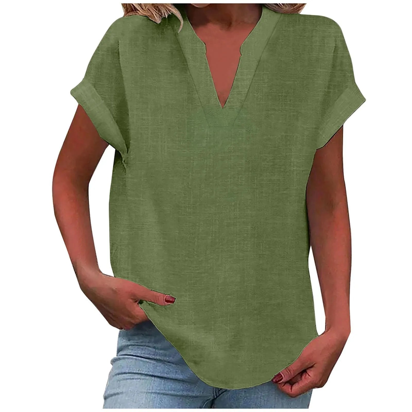 Summer Cotton Linen Breathable Solid Color Button Down V-neck Shirt Basic And Versatile Casual Comfortable Lady Office Tops 2025