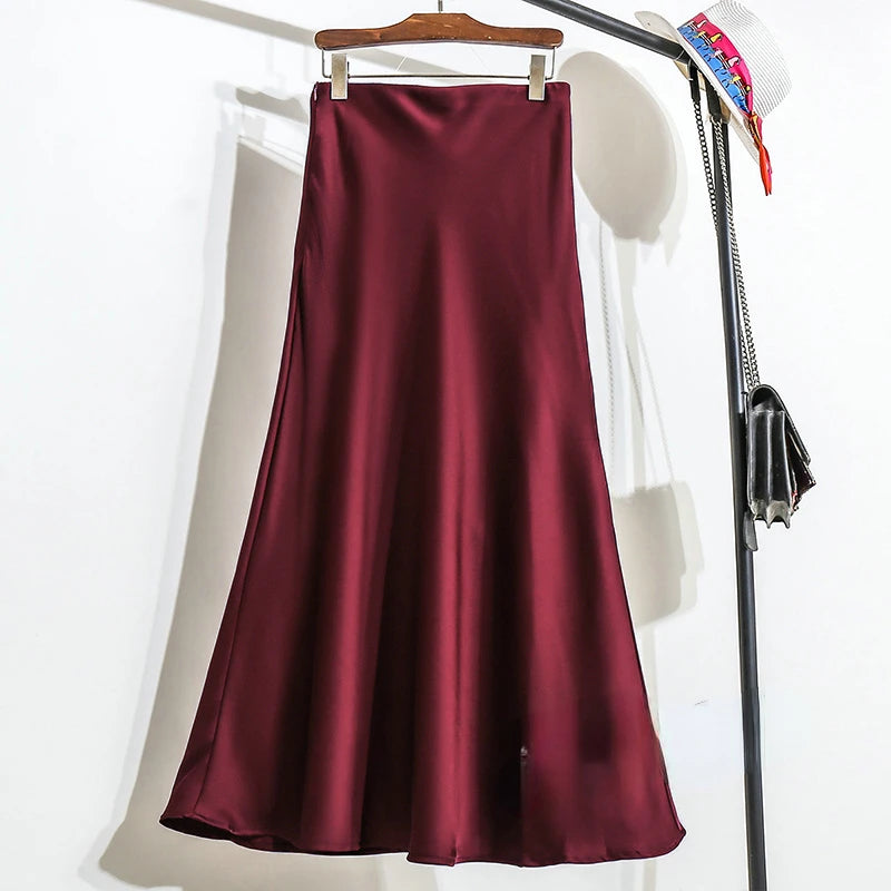 Women's Long Skirt 2024 New Fashion Satin Skirt Office Lady Elastic Waist Solid Champagne Purple Red Silk A-LINE Skirt for Women