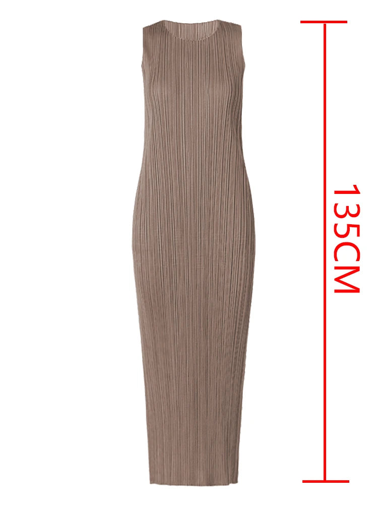 Miyake Pleated Women Dress Summer Sleeveless Long Classic Korean Fashion Casual Elegant Female Lce Water Blue Beach Dress TP5045