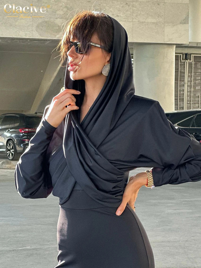 Clacive Fashion Black Knitted Women'S Shirt Elegant Slim Hooded Long Sleeve Shirts Streetwear Classic Crop Tops Female Clothing