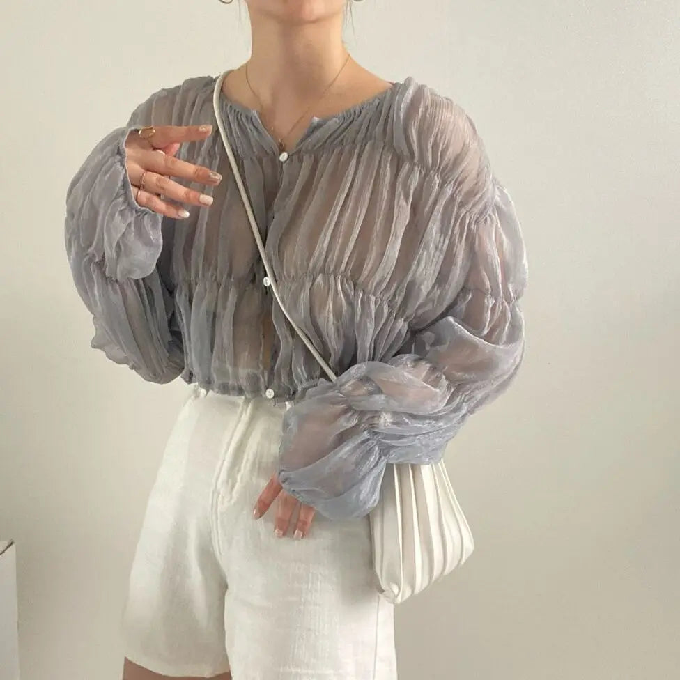 2Colors Korean style long sleeve blouses 2022 Spring Autumn womens Loose Pleated Chiffon tops and blouse Outwear Shirts(C0001)
