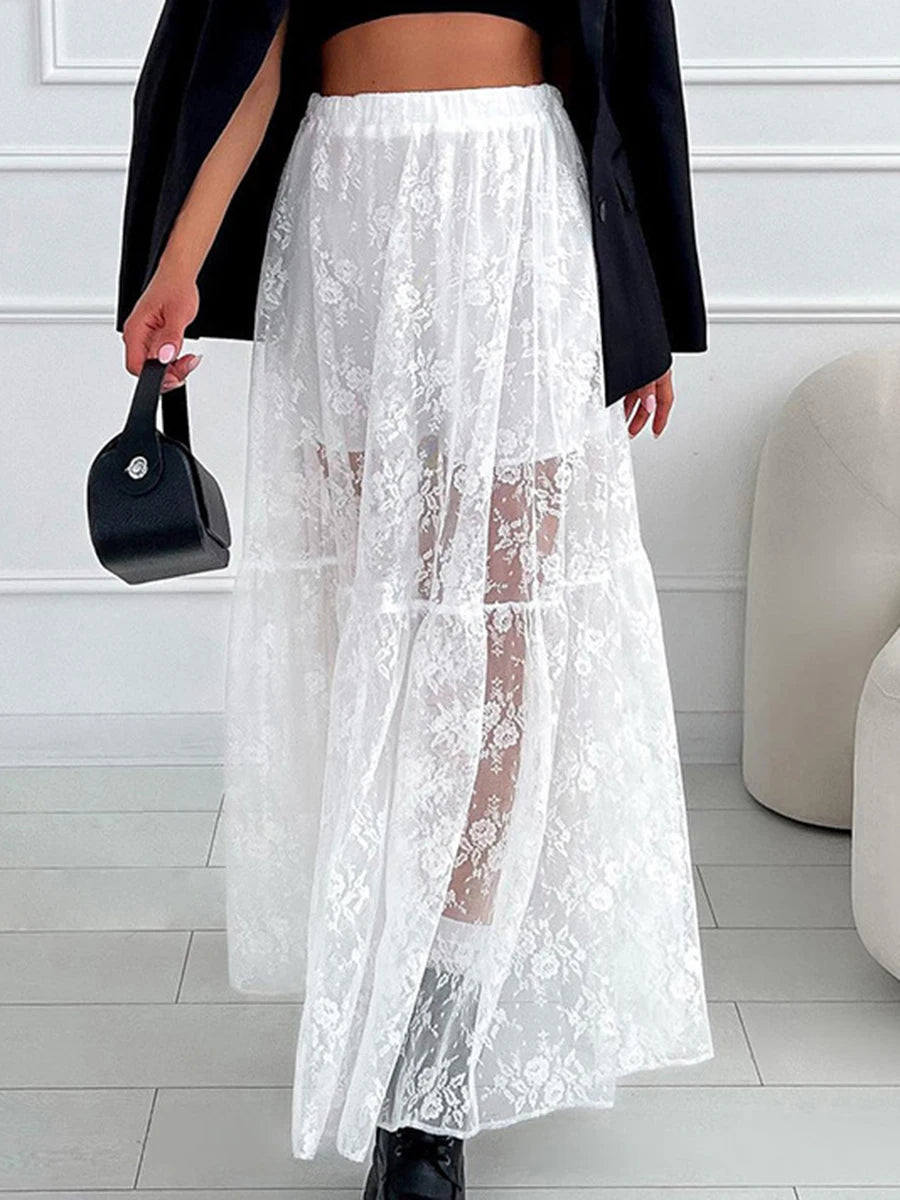 Lace Jacquard Transperant Skirt Women Summer New High Waist Sexy Casual Long Skirts 2025 Streetwear Fashion White Maxi Skirt