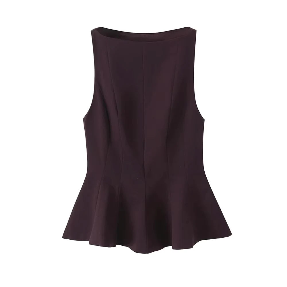 TRZA-Fitted Ruffled Blouses for Women, O Neck, Sleeveless, Side Zipper, Female Shirts, Chic Tops, Fashion