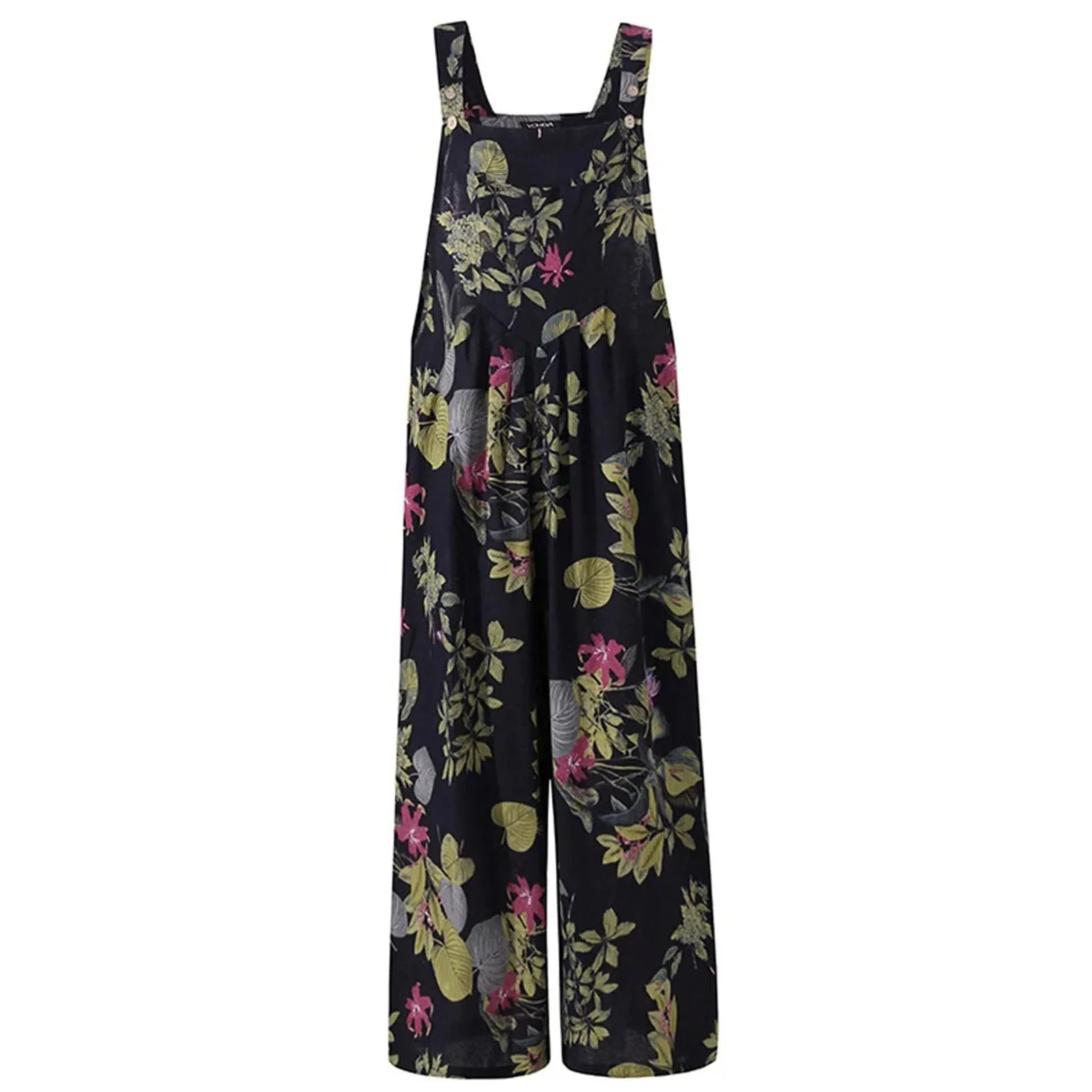 Combhasaki Women's S-3XL Cotton and Linen Jumpsuit Leaf Floral Print Square Neck Sleeveless Casual Loose Overalls with Pockets