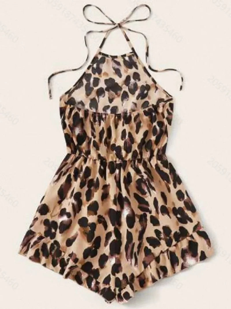 European And American Fashion Sexy Women's Neck Tie Leopard Print Suspender One-Piece Shorts New Cross-Border Source