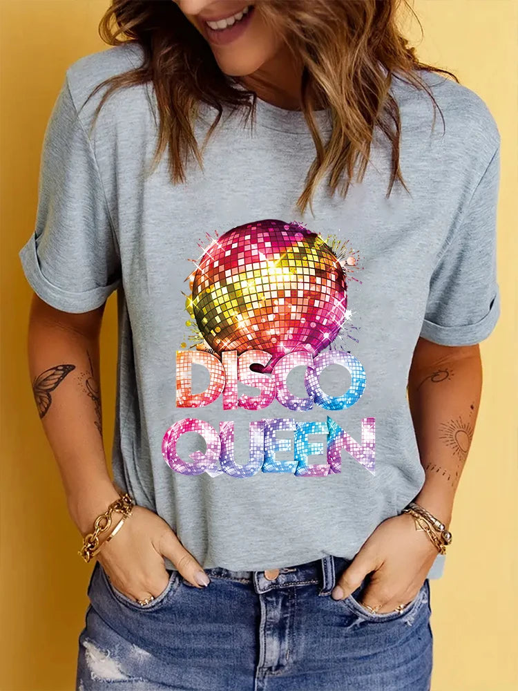 2024 New Women Disco Queen 70's Disco Themed Vintage T-shirt Casual Comfort Round Neck Women's Top Summer