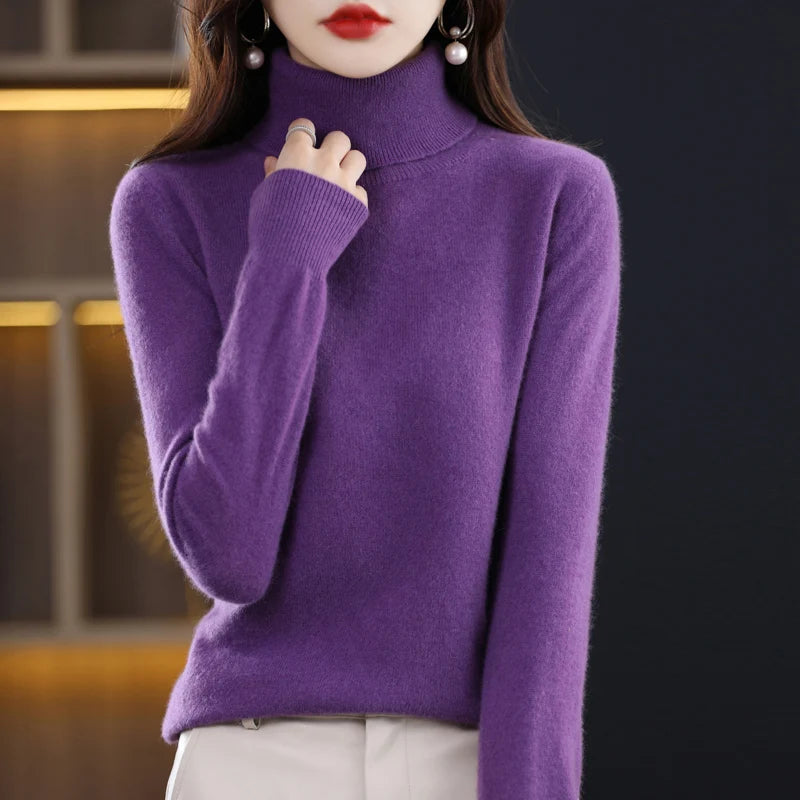 100% Merino Wool High Turnover Collar Knitted Sweater For Women's Autumn And Winter Warm Top Elegant 2YS Versatile Jiu Jia 206