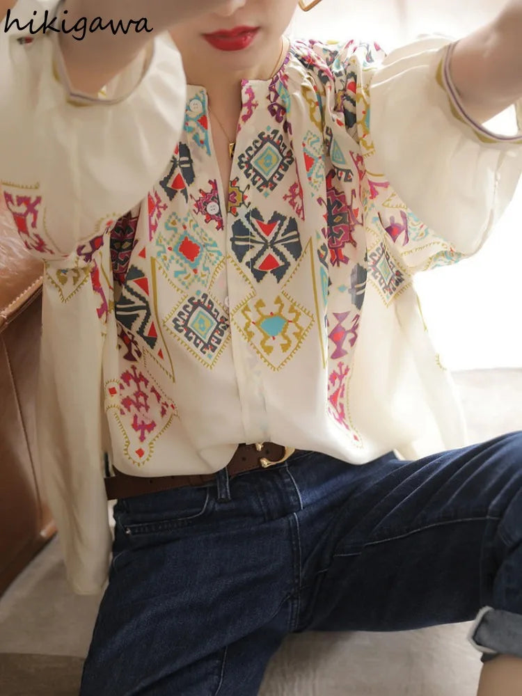 Vintage Blouses Women Clothing Indie Folk 2025 Blusas Mujer De Moda V-neck Print Loose Shirts Chic Summer Korean Blouse Tops