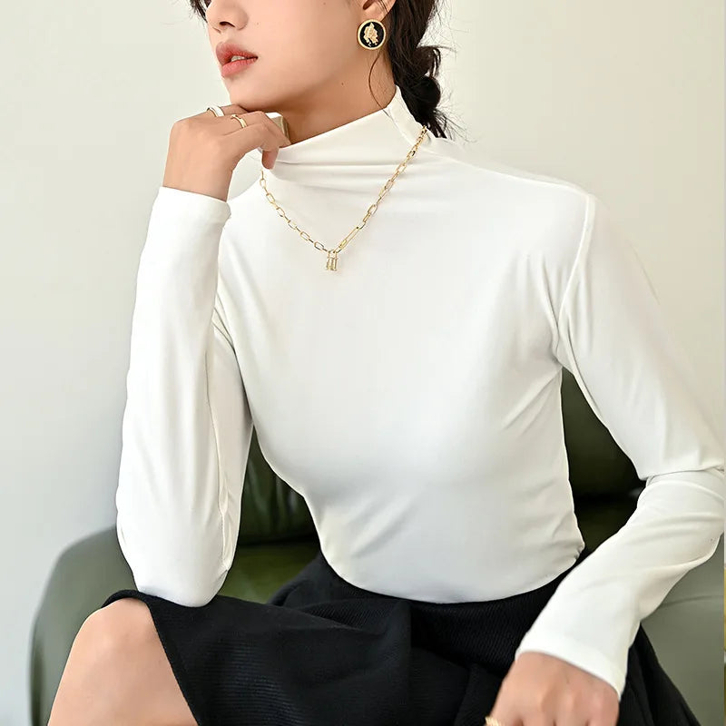 Autumn Women Long Sleeve T-shirt Pullovers Tops Casual Solid Mock Neck Thin Women Long Sleeve Pullovers Female Slim Inner Tops