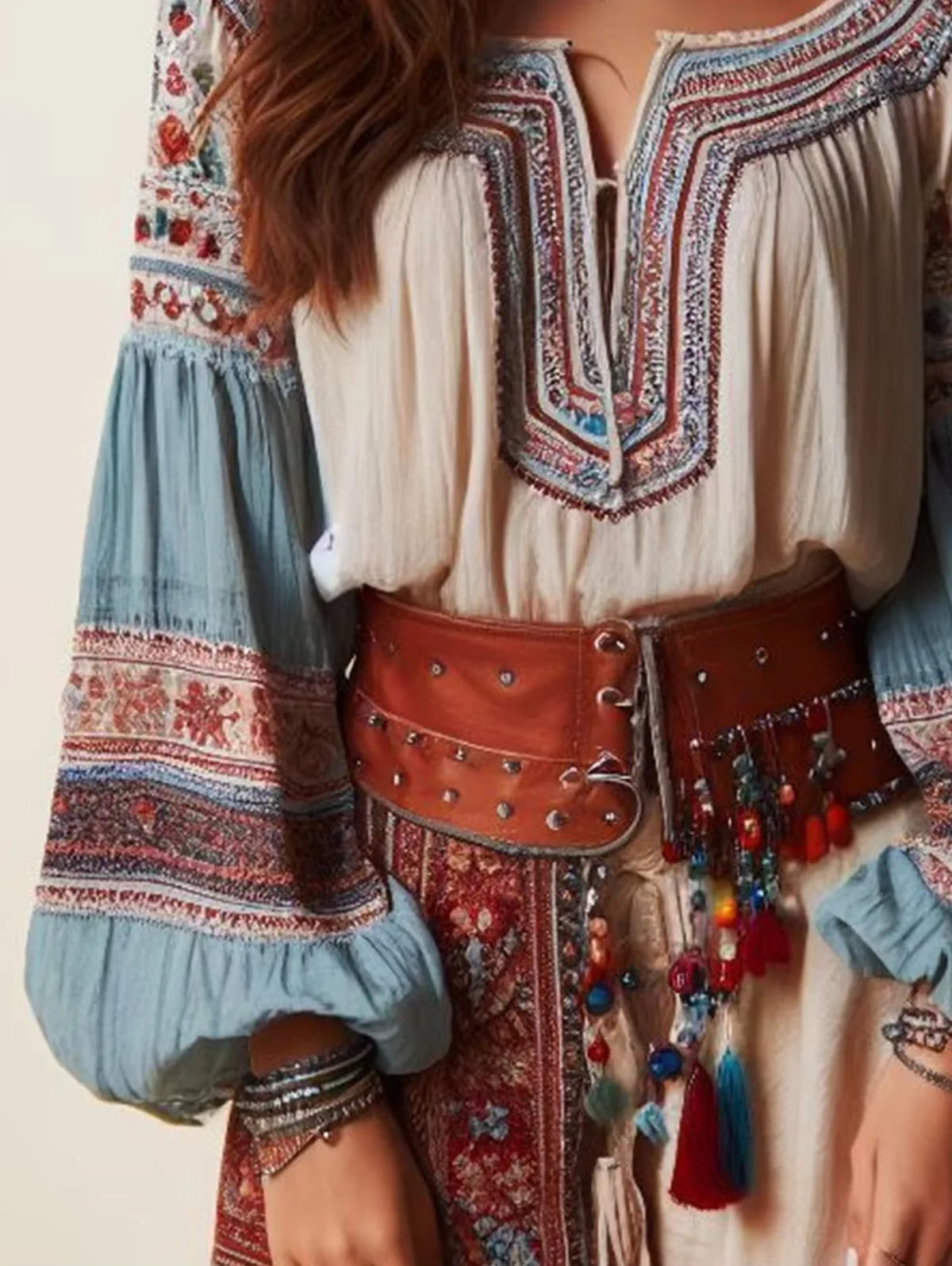 Lantern Sleeves Boho Blouse Floral Pattern Drawstring Lace Up Vintage Ethnic Style Women Shirts Tops Spring Autumn Chic Blouses