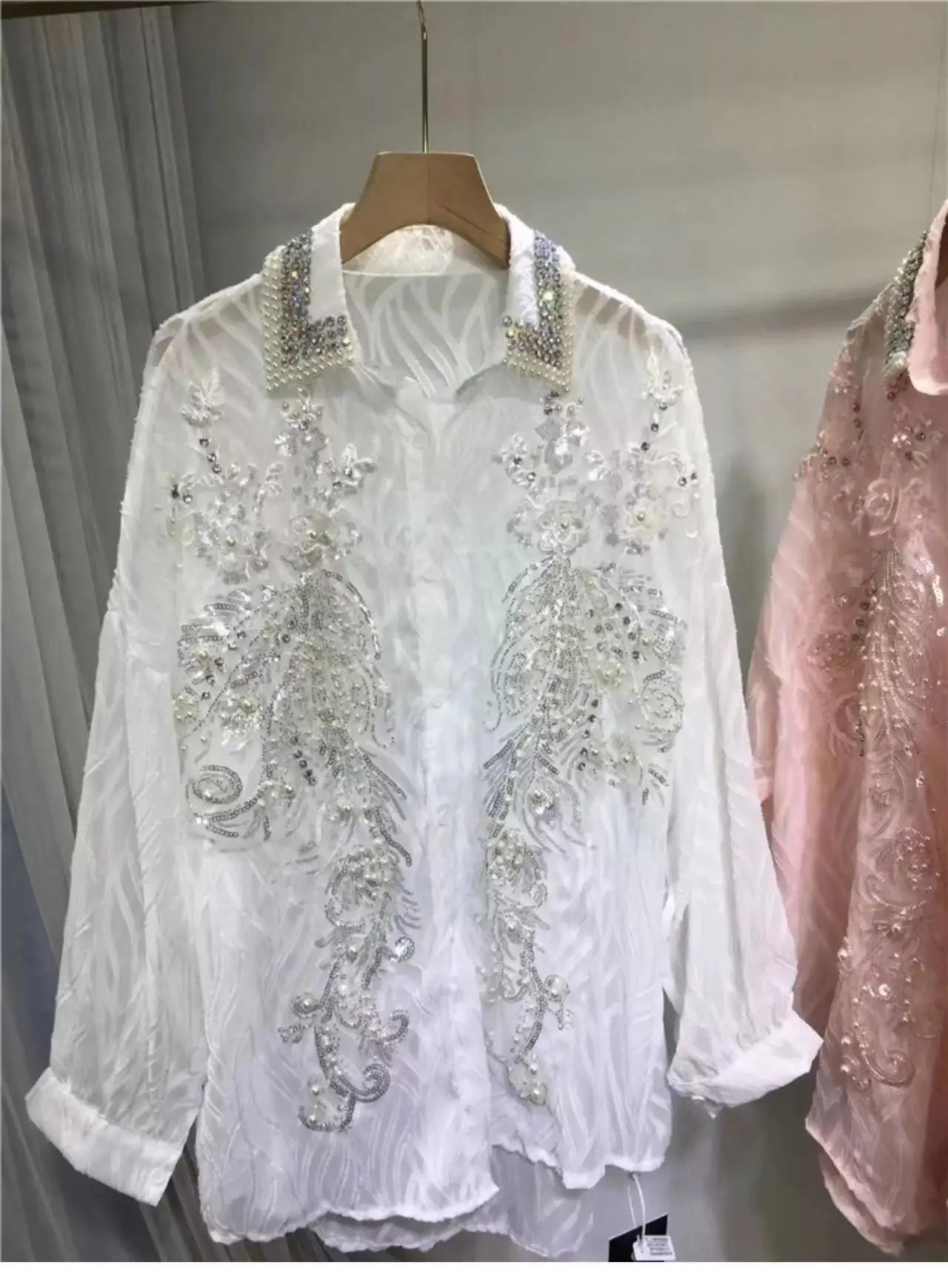 New In Oversized Beaded Sequined Stitch Button Up Blouses Shirts Women's Long Sleeve Mid-Length Pink White Shirt Top