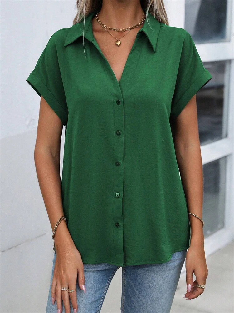2025 Spring And Autumn New Solid Color Short-sleeved Shirt Fashion Loose Temperament Shirt Folding Blouse Ms. Home Rest Shirt
