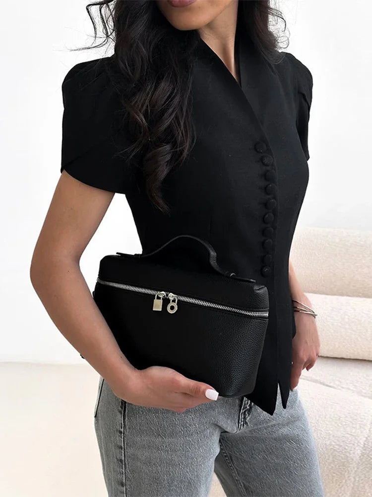 Elegant Women's Irregular Shirts Short Sleeve Waist-Closed Button V-Neck Lady Top 2025 Summer Fashion Female Street Outwear