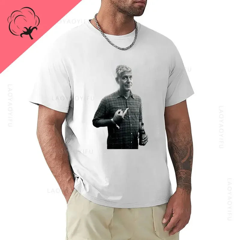 Anthony Bourdain Middle Finger Pose 100%Cotton T Shirt Graphic Printed Fashion Casual O Neck Short Sleeve Streetwear Tee Tops
