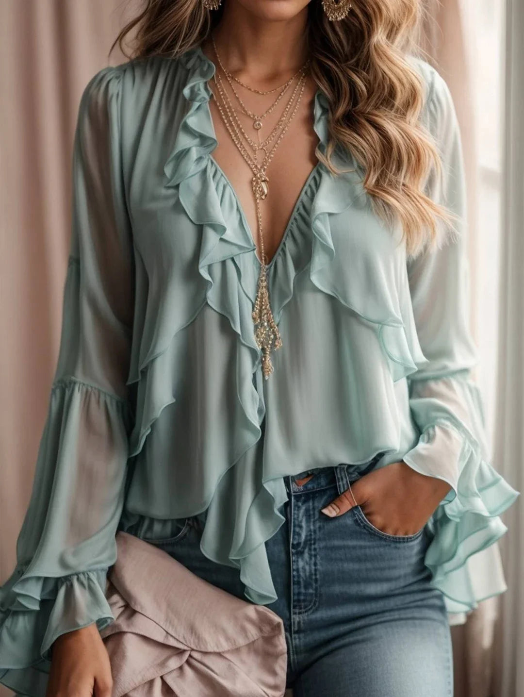 Fashionable Summer Women's Shirt Elegant Cascading Ruffled Layered Sexy V-Neck Trumpet Sleeve Long Sleeve Women's Casual Shirt