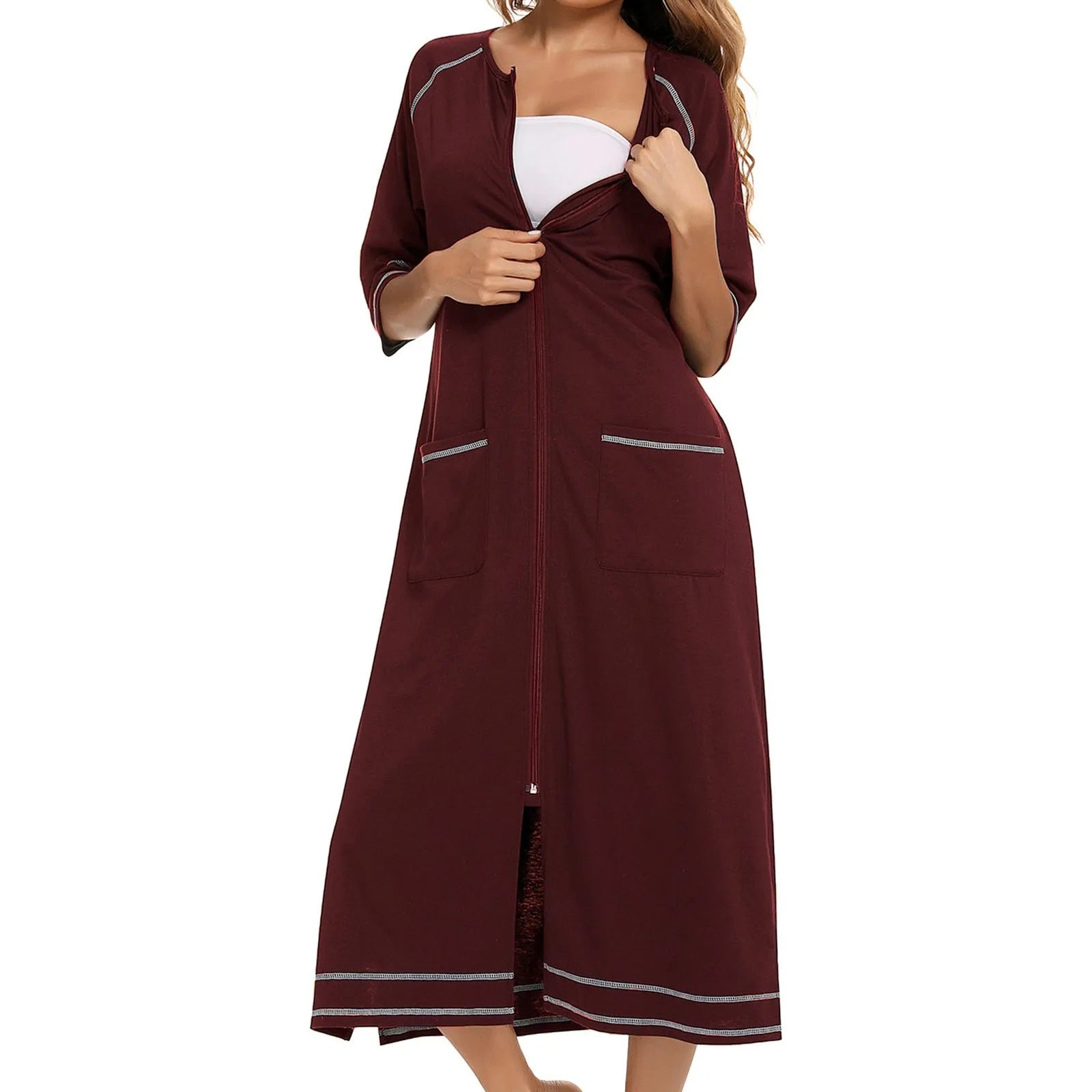 Summer Dresses For Women 2024 Zipper Front Robe Half Sleeve Bathrobe Full Length Soft Cotton Duster Dress With Pockets Home Wear