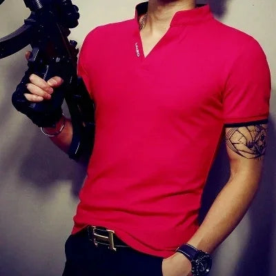 Men's V Neck Polo Shirts 2024 Summer Fashion Solid Short Sleeve T Shirt Men Collar Slim Fit Mens Top Tees Shirt