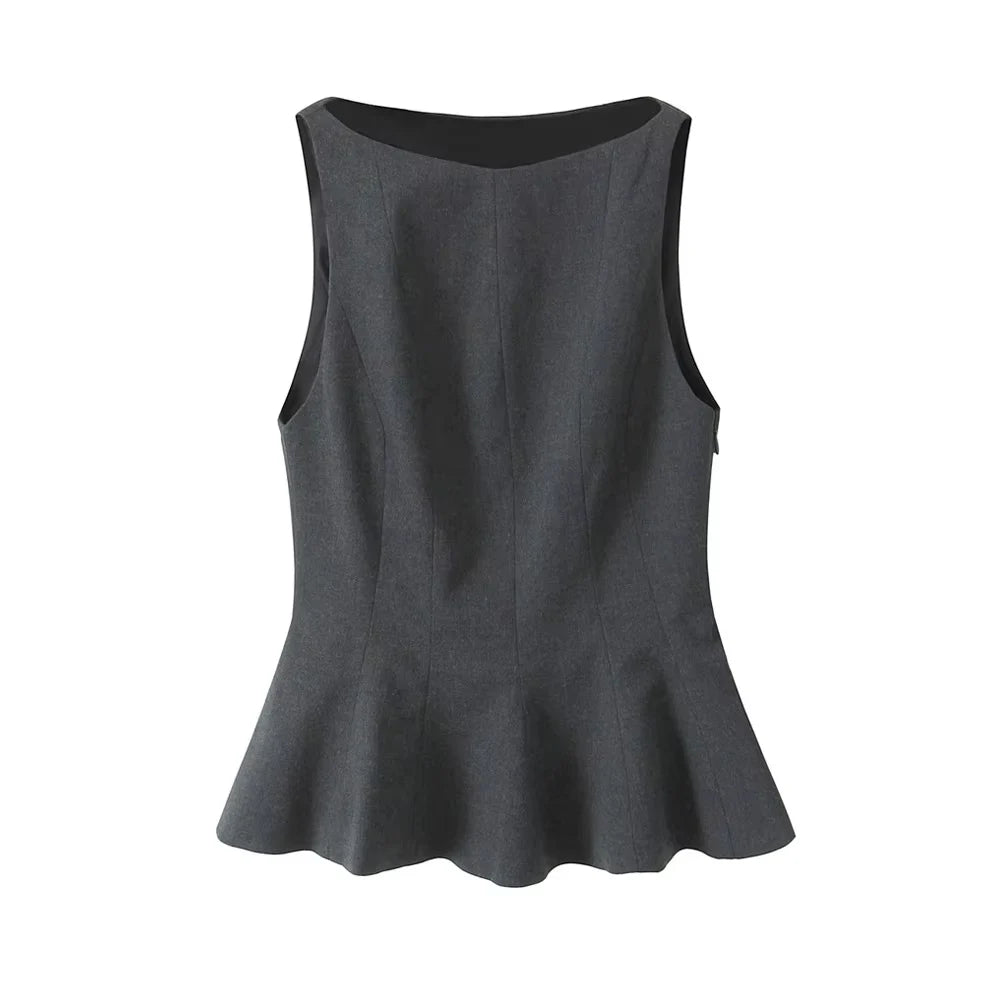 TRZA-Fitted Ruffled Blouses for Women, O Neck, Sleeveless, Side Zipper, Female Shirts, Chic Tops, Fashion