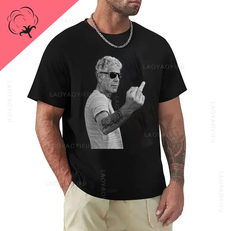 Anthony Bourdain Middle Finger Pose 100%Cotton T Shirt Graphic Printed Fashion Casual O Neck Short Sleeve Streetwear Tee Tops