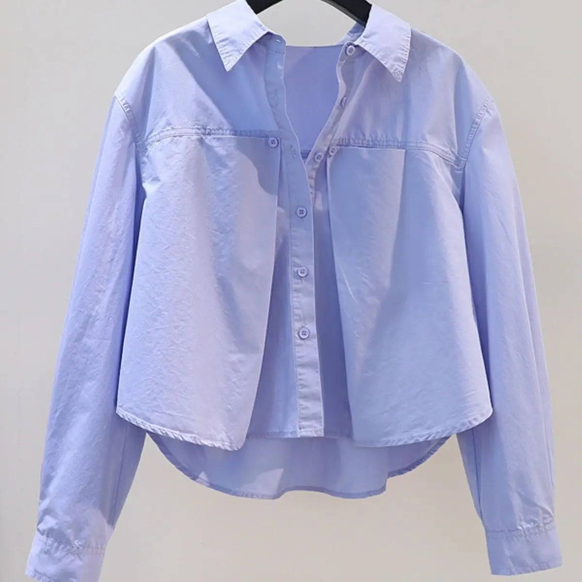 Design Sense Pleated Short Shirt, Women's Blue Loose Long Sleeved Cotton Shirt, New Top For Spring/summer 2024